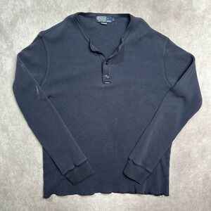 VTG Polo Ralph Lauren Shirt Mens L Blue Waffle Knit Thermal Long Sleeve Henley *
